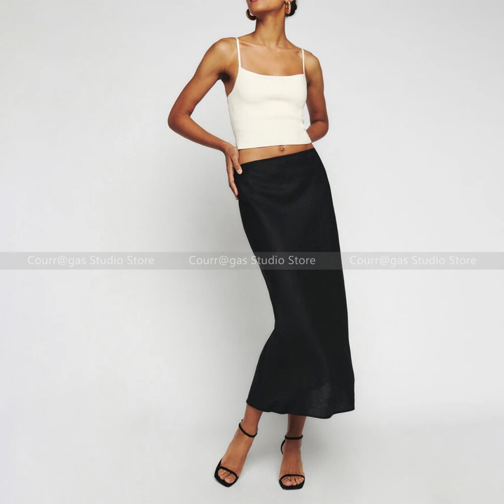 

2024 Spring and summer new simple temperament elastic waist linen high waist fishtail half-body skirt female