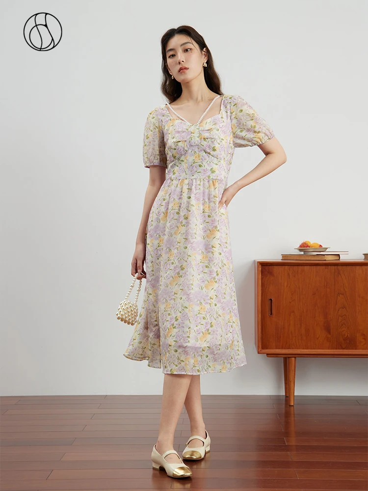 

DUSHU French Style Gentle Floral A-Line Dress for Women Summer Newly Temperament Square Collar Thin Tea-break Dress Female