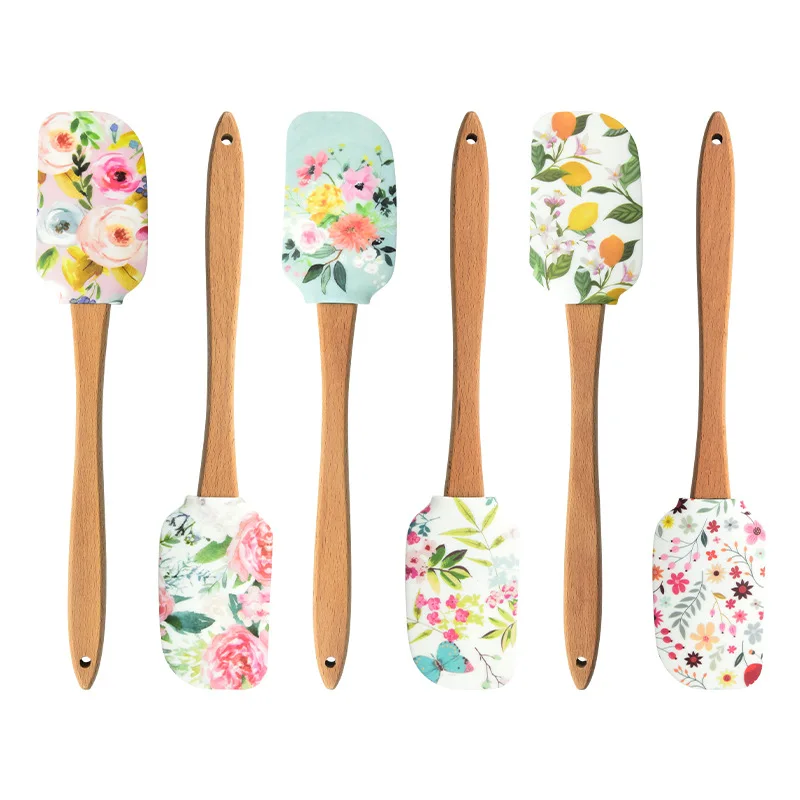 Printed Pattern Cake Scraper Silicone Cream Pastry Spatula Wooden Handle Butter Spreader Kitchen Batter Pies Baking Blender