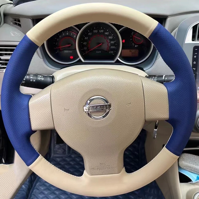 

For Nissan Tiida Versa Note Livina Sylphy Hand Stitched non-slip Beige genuine Leather Car Steering Wheel Cover