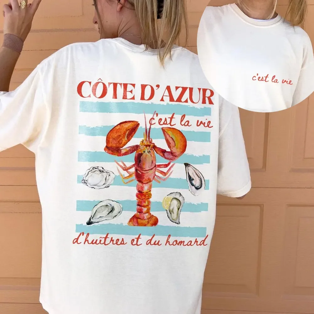 Camisa Cote D'Azur, camiseta de langosta y ostra de Riviera francesa, camiseta C'est La Vie Saint Tropez, proverberación francesa, estética costera Y2K