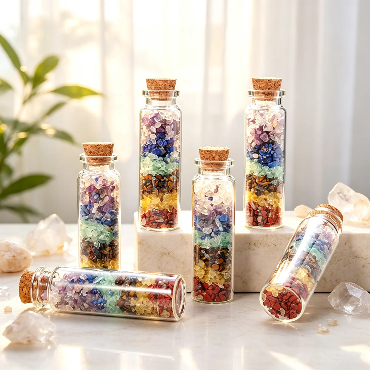 Natural Crystal Chips Wish Bottle, Rainbow Crushed Stone Glass Bottle, Desktop Home Ornament, Novelty Gift for Friends Family