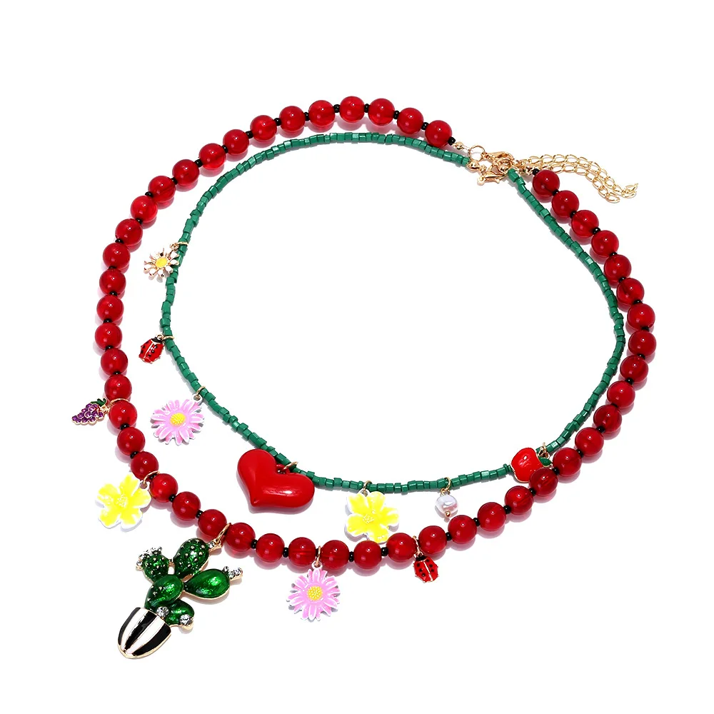 

ZAA Trend Women Jewelry Creative Cactus Plant Pendant Layered Resin Beads Choker Necklace Boho Summer Beach Vacation Accessories