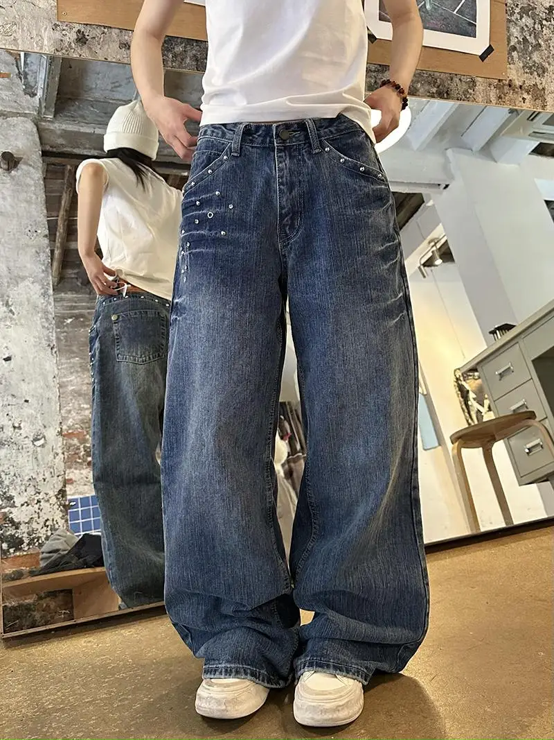 

Ретро-джинсы в американском уличном стиле с заклепками и молниями, прямые, унисекс, для дерзких девушек, светлые, длинные брюки