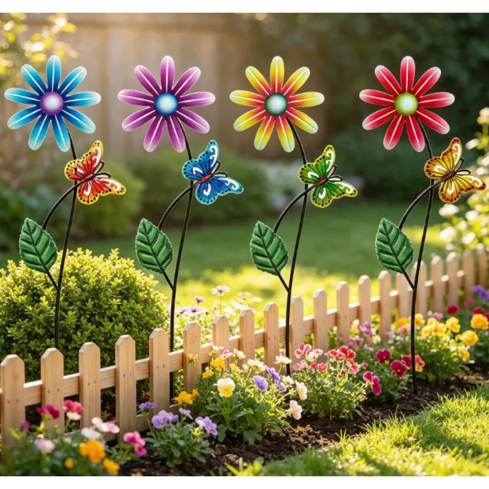 Butterfly Garden Decor 4PCS Metal Stakes for Outdoor Yard Patio Rustic Theme Lawn Decoration with Solid Outline Detail