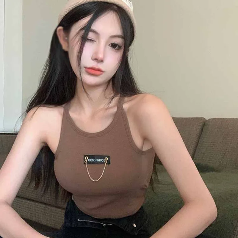 Pad Crop Top Chain Letter Printing Sleeveless Tube Top Vest Women's Summer Korean Retro Joker Gray Sling Top with Chest 