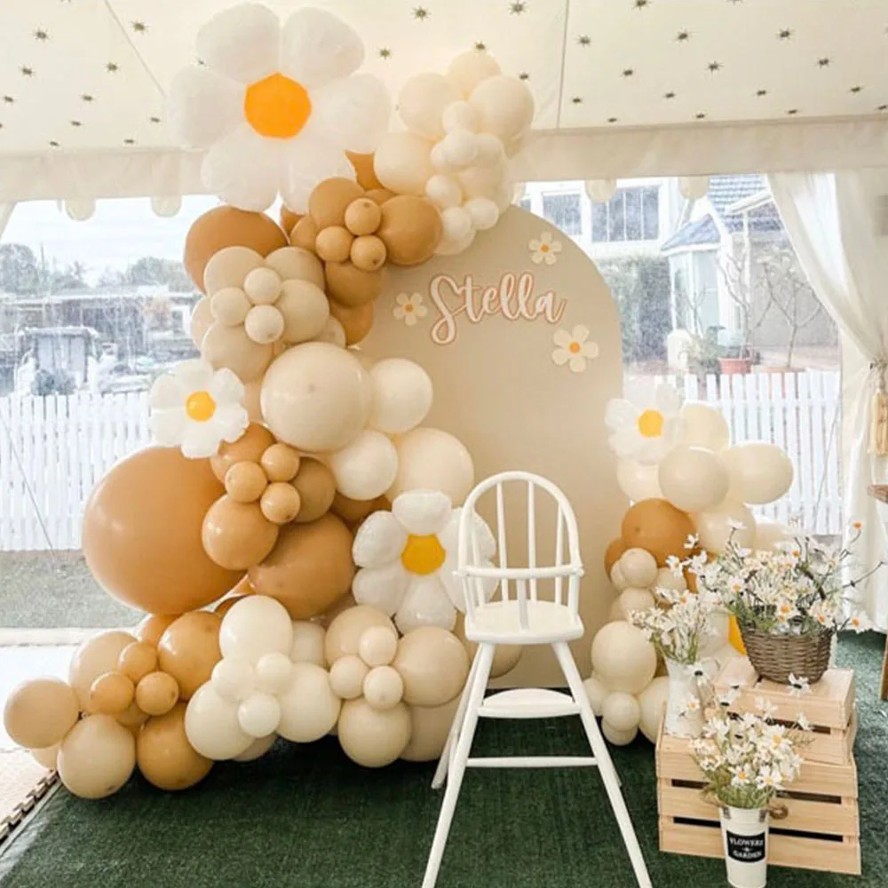 

129Pcs Yellow White Daisy Foil Balloon Garland Arch Kit Sand White Cocoa Latex Balloon Wedding Birthday Baby Shower Party Decor