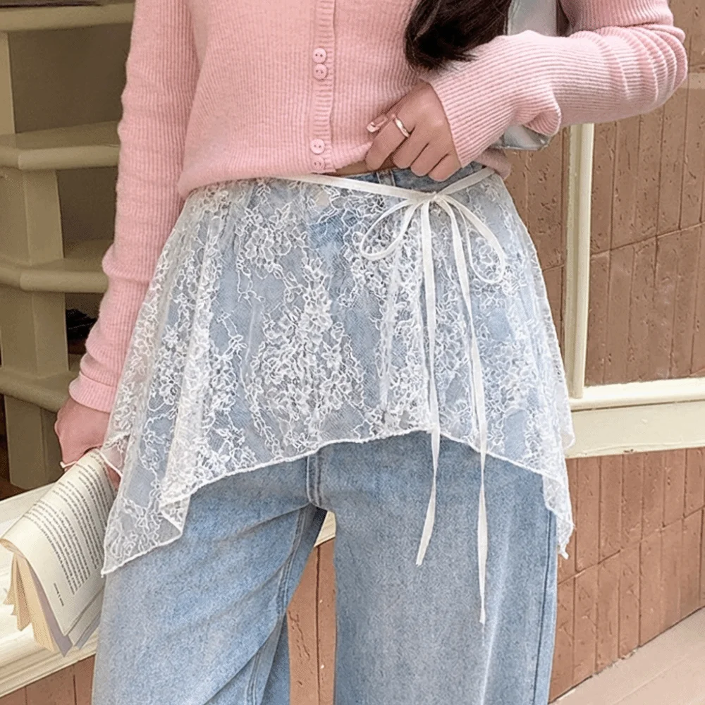 French Lacing Lace Mini Skirt Embroidery Y2K Streetwear Ruched Skirts Harajuku Irregular Hemline Apron Wrap Skirt