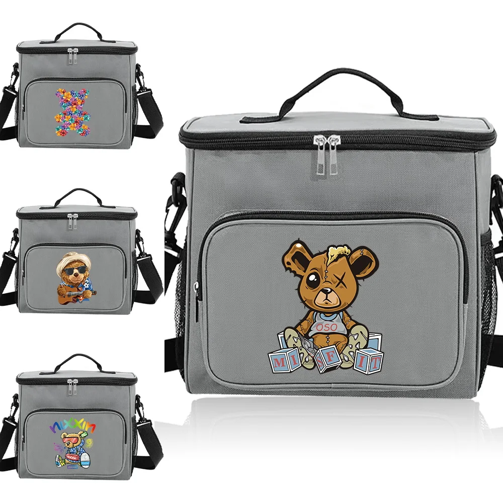 

Insulated Lunch Bag Grey Color for Professionals Waterproof Food Storage with Zip Closure Bear Series Printing Dinner Box