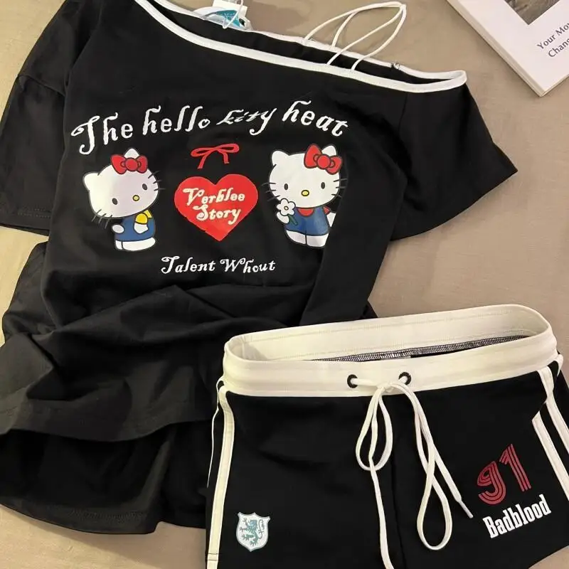 

Y2K Sanrio Hello Kitty Short Sleeve Pajama Set Soft Women Plus Size Home Loungewear Sweet Cartoon Print Spring Summer Nightwear