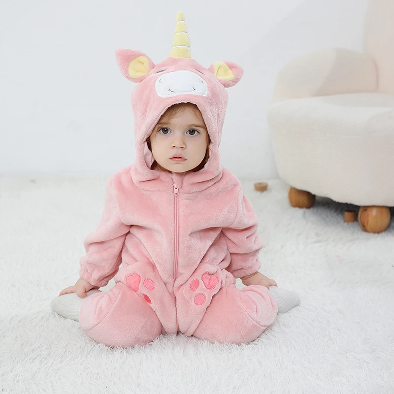 Kigurumis Unicorn Baby Girls Clothes Romper Lovely Infant Baby Onesie Bodysuit Cartoon Newborn Zipper Hooded Flannel Jumpsuits