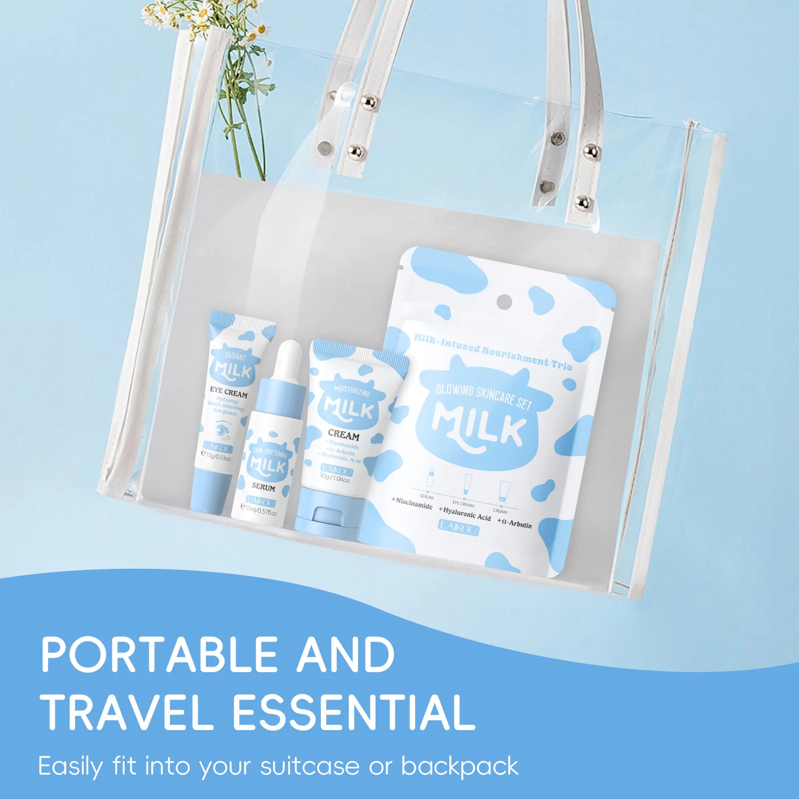 Laikou Kit de viaje hidratante con suero de ojos de leche, juego de cuidado de la piel antienvejecimiento para arrugas ojeras, juego en miniatura para pieles delicadas