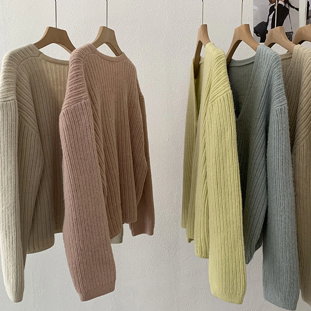 Frauen Solide Gestreiften Pullover Strickjacken Herbst Einfache V-ausschnitt Einreiher Lose Stricken Outer Weiche Alle-Spiel Pullover 18-24Y