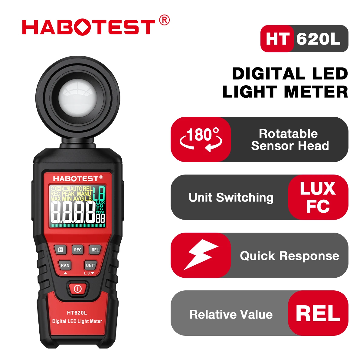 HABOTEST HT620 Digital Luxmeter High Accuracy Professional Illuminator 180° with Rotatable Light Sensor Lux Photometer