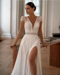 Luxury Wedding Dresses A Line Appliques V Neck Bridal Gowns Cap Sleeve High Split Chiffon Elegant Vestido De Novia Customized
