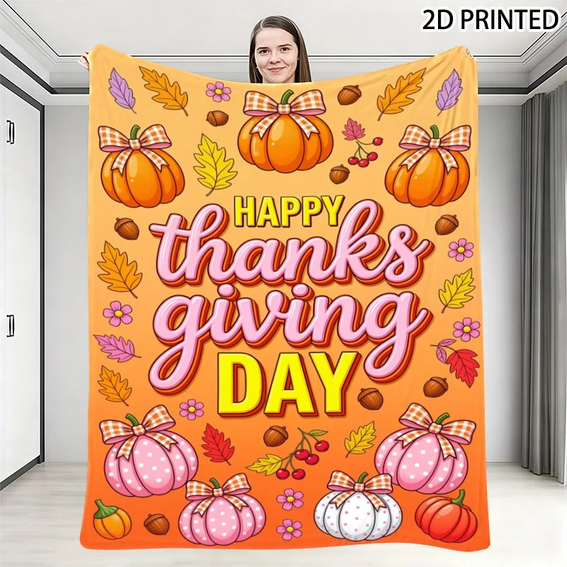 Vibrant Thanksgiving Themed Print Throw Blanket with Warm Orange Background, Festive Pumpkins, Autumn Leaves, Acorns & 