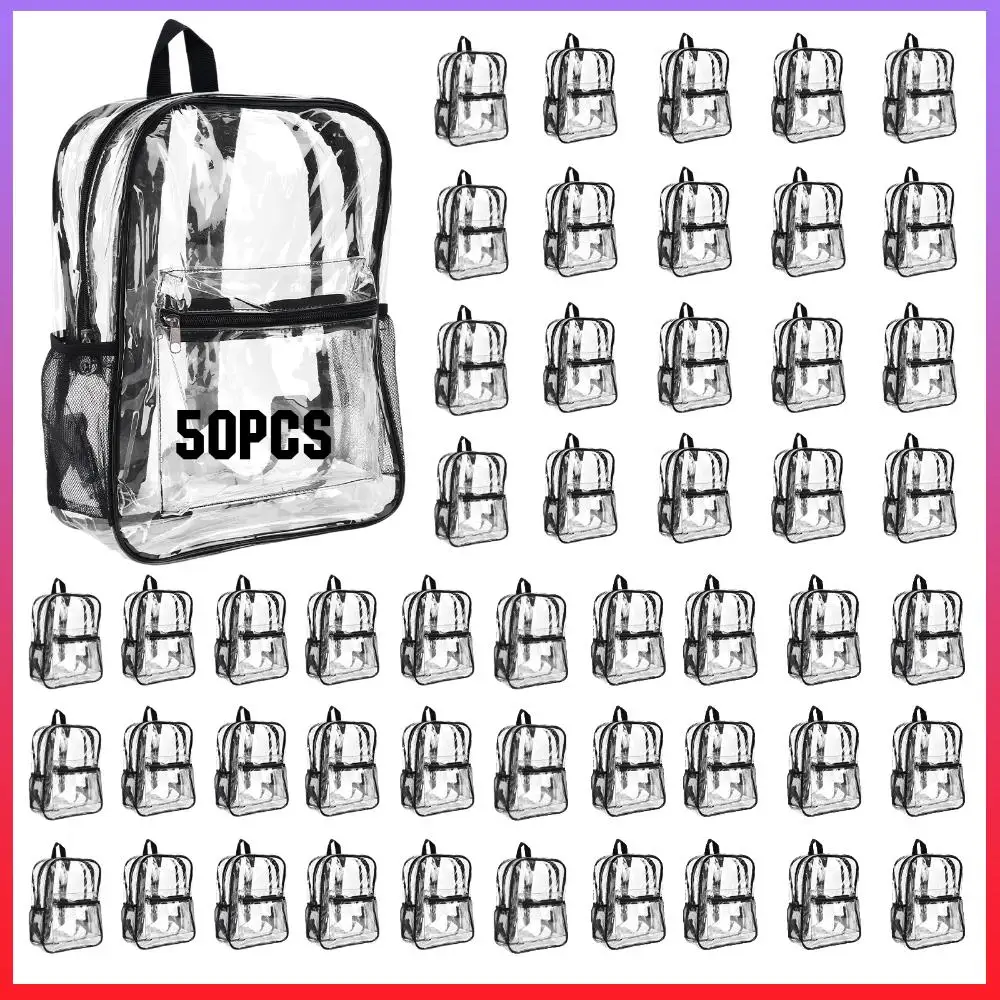 

50 прозрачных рюкзаков из ПВХ с карманами, 15 дюймов, для колледжа, путешествий, спорта, работы, одобренных для использования на стадионах