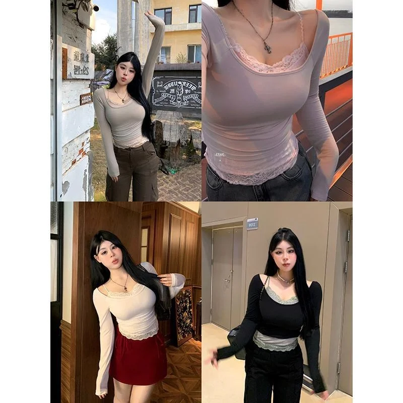 

Sweet And Spicy Girl Special plus Size 300 Pounds Beautiful Lace Splice Slim Fit Women's Base Shirt Spring Ins Style T-shirt