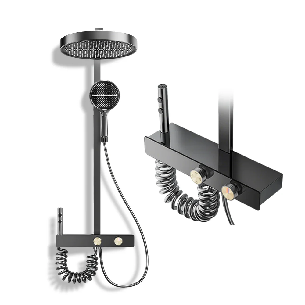 

Современная душевая система с водопадным изливом, латунный смеситель для ванны с эффектом тропического дождя, серый, настенный монтаж, полный комплект душевой колонны
