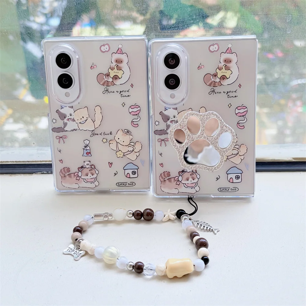 Cute Cartoon Cat Phone Case For Samsung Galaxy Z Fold 3 4 5 6 7 8Ultra Bling Rhinestone Paw Stand With Animal Beaded Wrist Chain