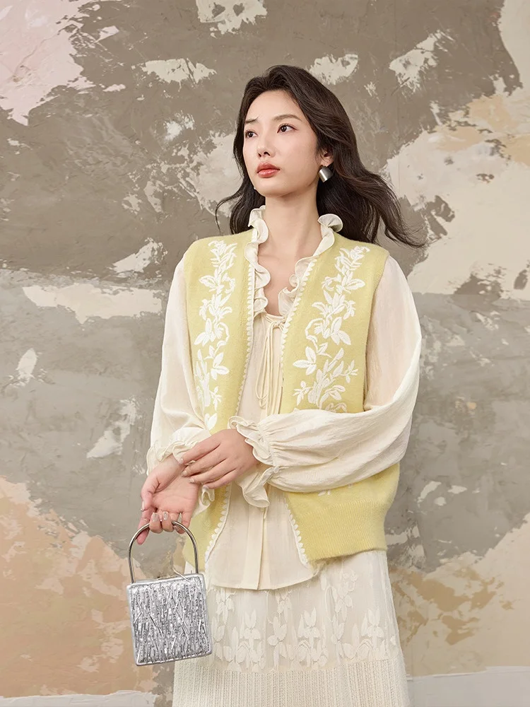 

Jiancha 25 Spring French Woven Embroidered Floral Vest Thiened Knitwear Layering Partner ort V-Ne Women's Faion