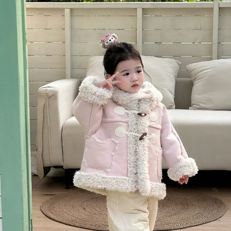 

Korean Girls Girls Coat 2025 New Style with Plush and Thickened Children Clothes Top Fashionable Baby Winter Bear Cotton Jacket