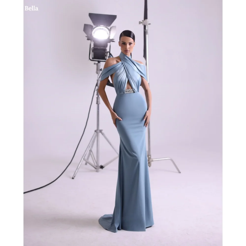 

Bella Customize Halter Neck Criss-Cross robes de soirée Mermaid Backless Chiffon Prom Dresses Floor-Length Wedding Dress 2025