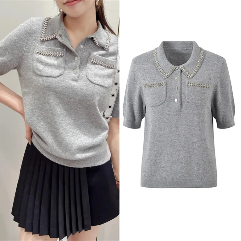 

High-End ey Heavy-Embroidery ort-Sve Turn-down Collar T-irt for Women Faionable Knitted Top by M Home Design