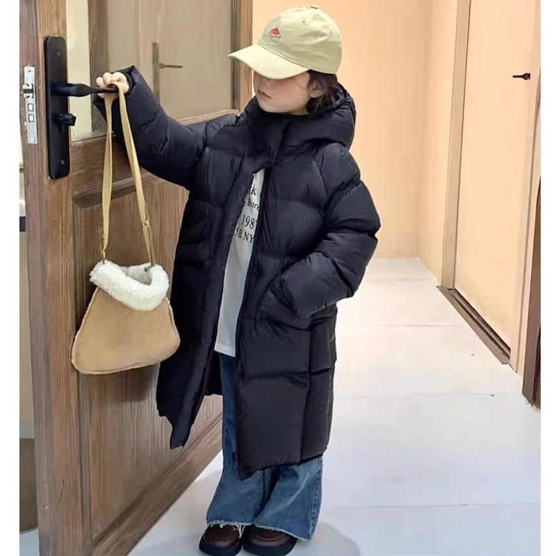 -30 ℃   سترة شتوية للفتيات المراهقات بتصميم جديد طويل بلون سادة وسميكة ودافئة مع قلنسوة من القطن للأسفل سترة عصرية للأطفال من سن 5 إلى 14 سنة