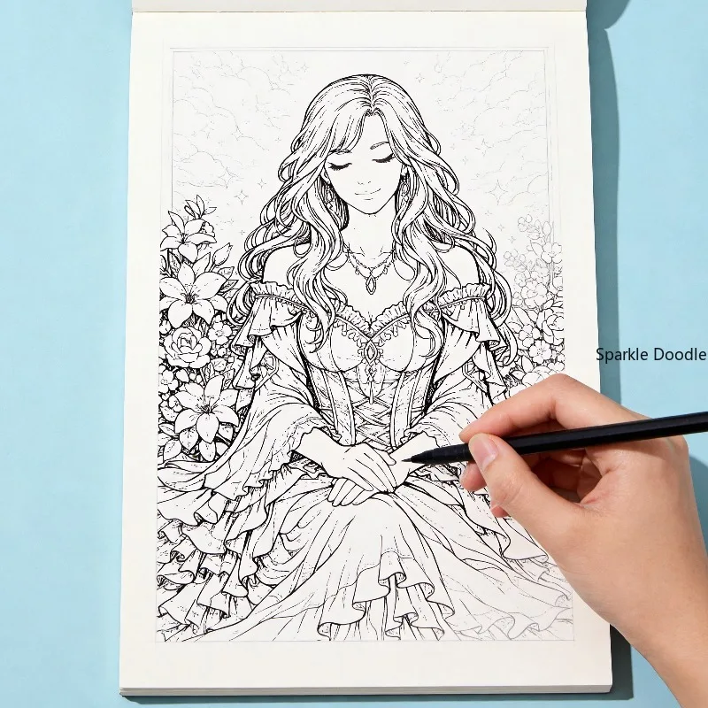 One Adult Decompression Hand Drawn Graffiti Book, European Retro Princess Coloring Book, 24 Exquisite Patterns, Pen Not Included