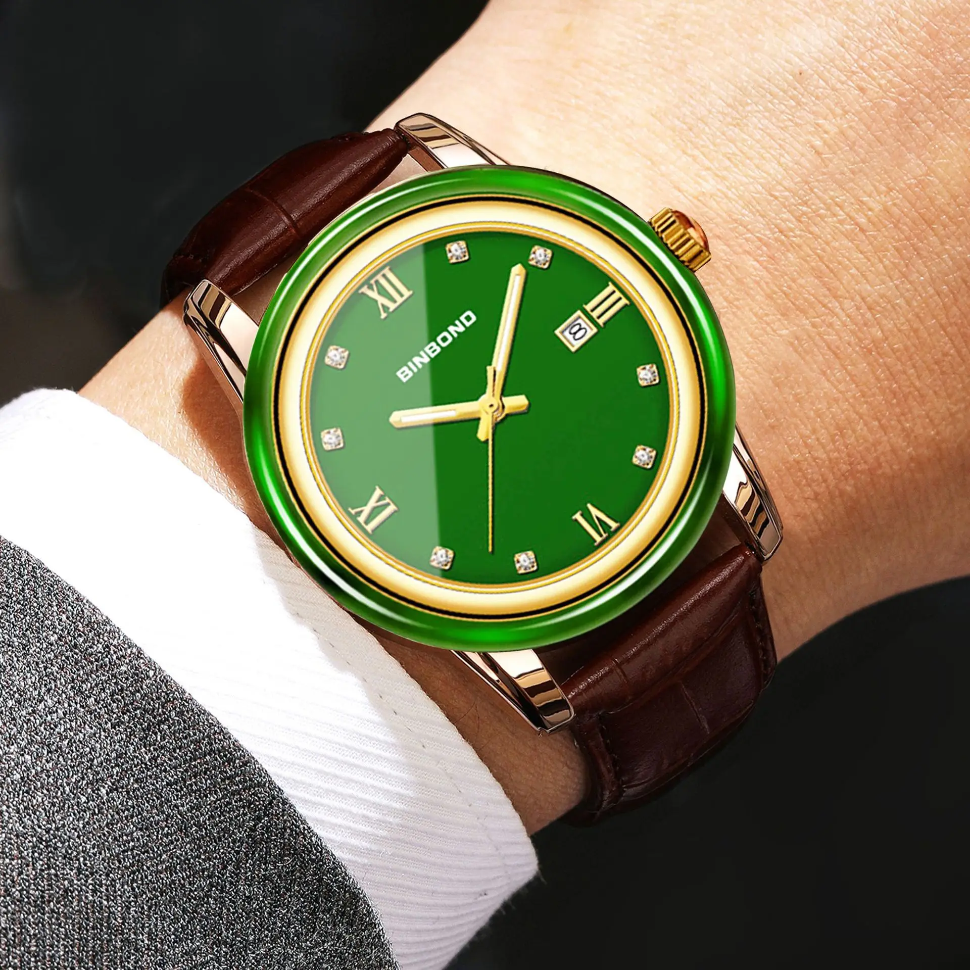 男性と女性のユニセックス高級腕時計防水ホタン翡翠翡翠デザインレザーバンドカップルファッションクォーツ腕時計