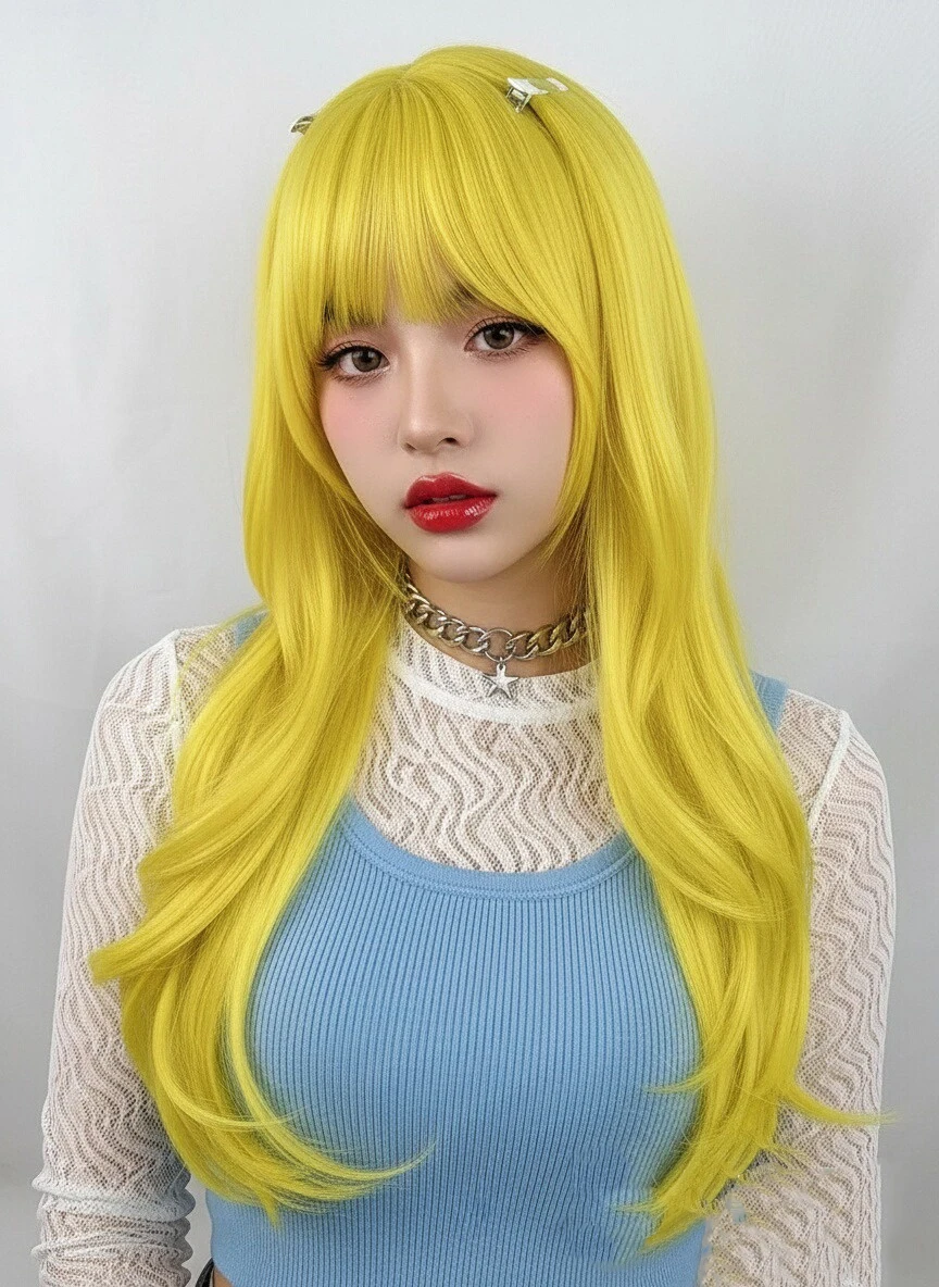 المرأة الاصطناعية الأصفر طويل مستقيم متموج الباروكات مقاومة للحرارة رقيق لوليتا شعر مستعار تأثيري مع الانفجارات للحزب اليومي #1