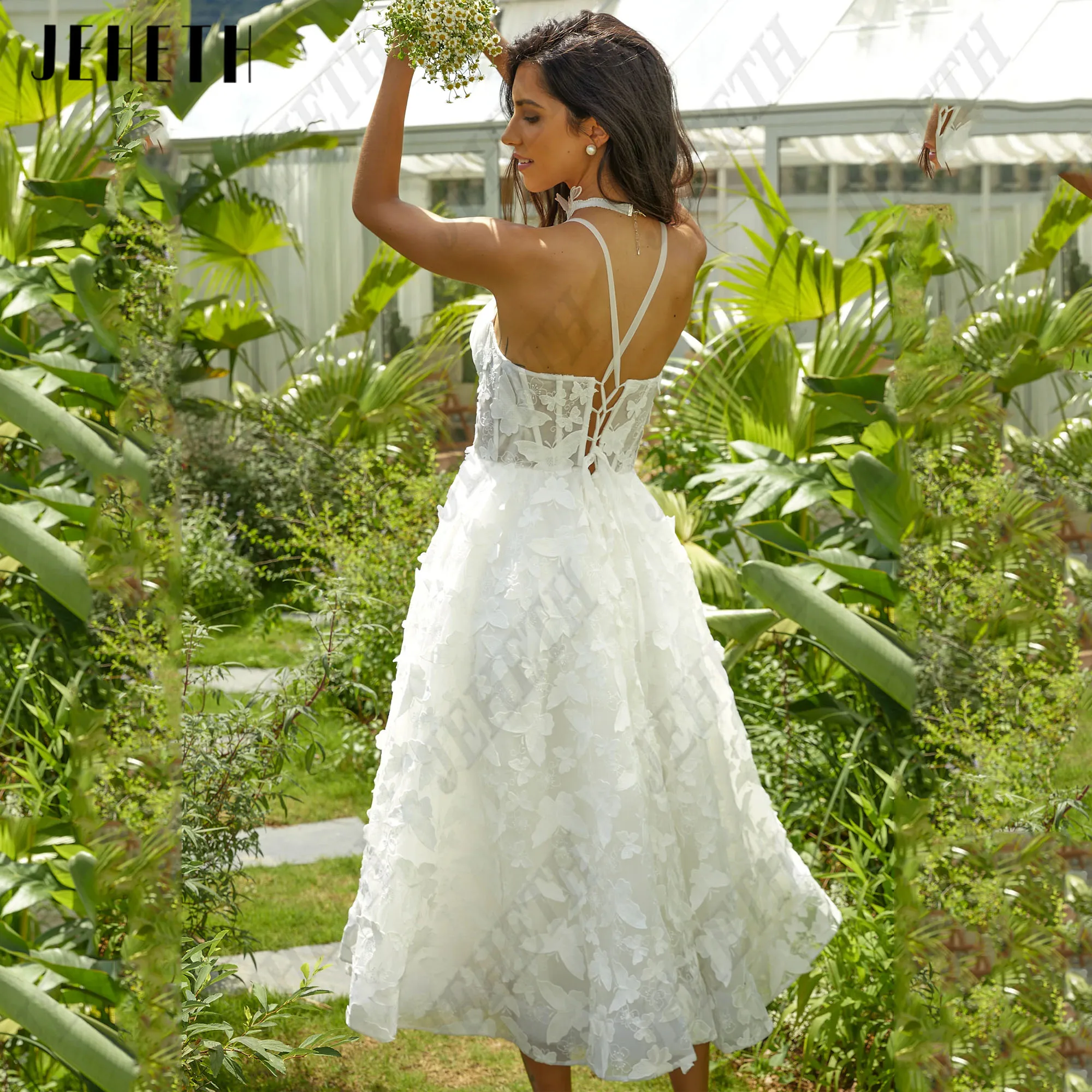 JEHETH Butterfly Prom Gowns Ivory Sleeveless Sweetheart Vestidos De Festa Backless Tea-Length A-Line Tulle Party Gown Embroidery