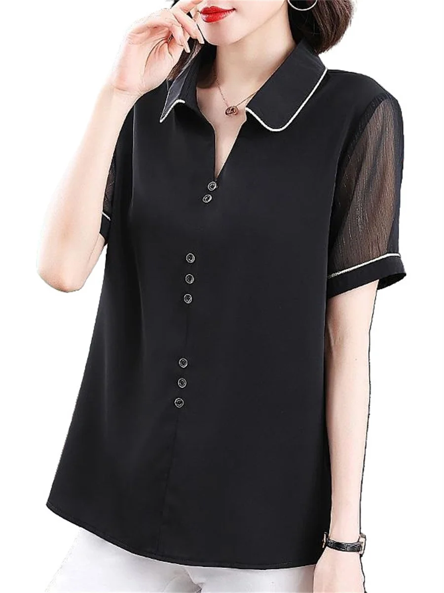 

5XL Women Spring Summer Blouses Shirts Lady Fashion Casual Short Sleeve Turn-down Collar Button Decorate Blusas Tops G2070