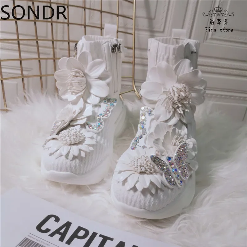 Womens 3D Flowers White Platform Rhinestones Butterfly Decor Sneakers High Top DIY Lolita Sweet Shoes Girls Gift New 2024