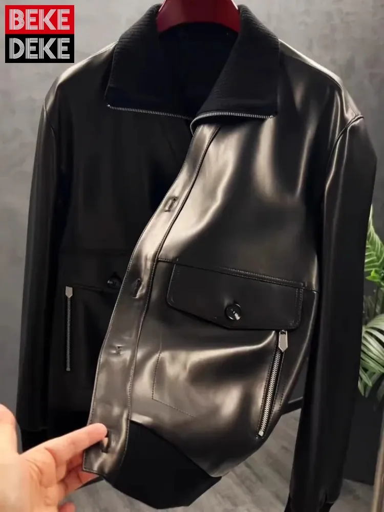 Herren Neue Frühjahr Echtes Leder Jacke Patchwork Revers Einreiher High Street Business Casual Punk Schaffell Kurzen Mantel