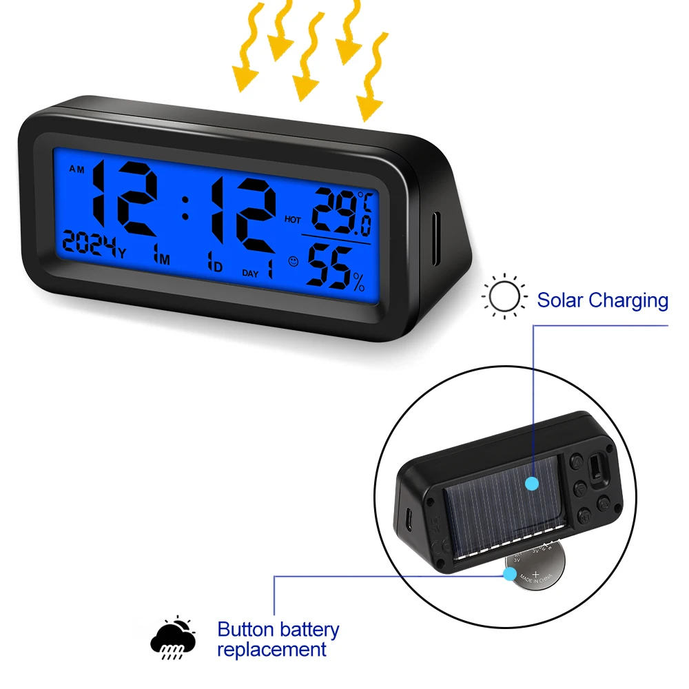 Solar Car Clocks Automotive Electronic Led Digital Clock Thermometer Hygrometer Display Time with Luminous Car Accessories