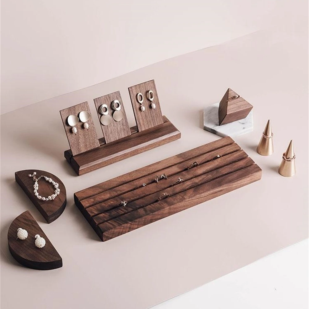 Black Walnut Earring Display Tray Set Ear Nail Ring Bracelet Holder Hanging Shelf Table Ring Pallet Wooden Block Display Dish