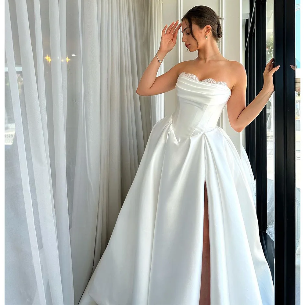 

Luxurious Lace Around Sweetheart Satin A Line Wedding Dresses Side Slit Pleat Custom Made 2025 Rode De Morrie