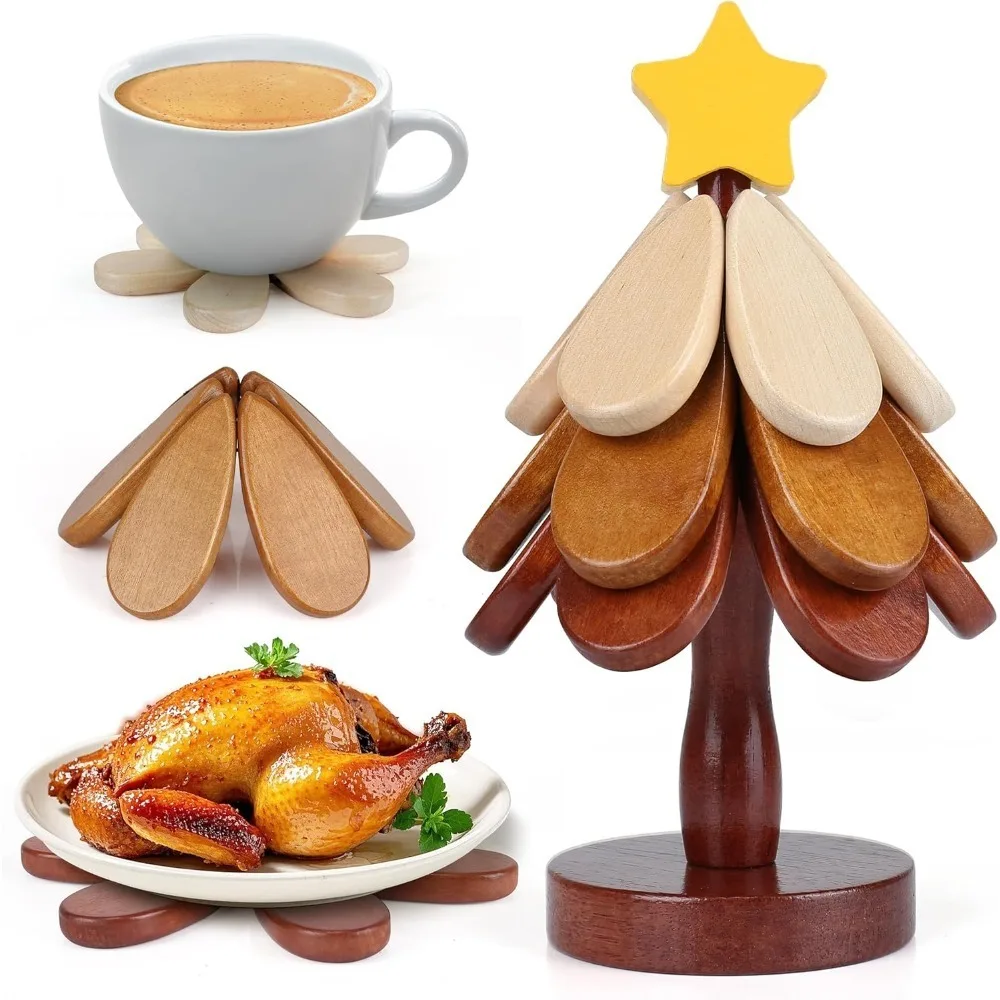

Christmas Wooden Coaster Trivet, Wooden Tree Shaped Coaster Mat Wooden Set of 3 Home and Restaurant Tabletop Decorative Coasters