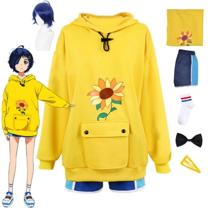 Sudadera con capucha de Anime Wonder Egg para mujer, Sudadera con capucha de Cosplay de Ohto Ai, peluca, ropa de Halloween, jersey de girasol amarillo