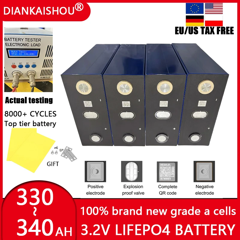 Grade A 340Ah 8000+ Cycle Lifepo4 Battery 3.2V Lithium iron phosphate Rechargeable batteries For DIY 12V 48V EV RV Solar Camping