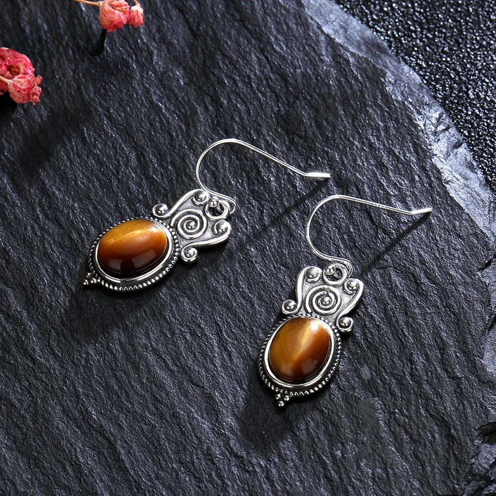 Natural Tiger's Eye Stone Drop Earrings 925 Sterling Silver Earrings for Women New Style Rhodochrosite Vintage Ear Jewelry