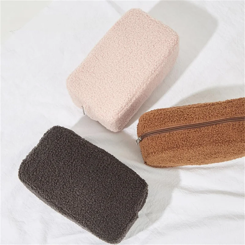 Teddy Solid Color Plush Zipper Bags Large Capacity Cosmetic Makeup Bag For Women Soft Wool Travel Portable All-match Storage