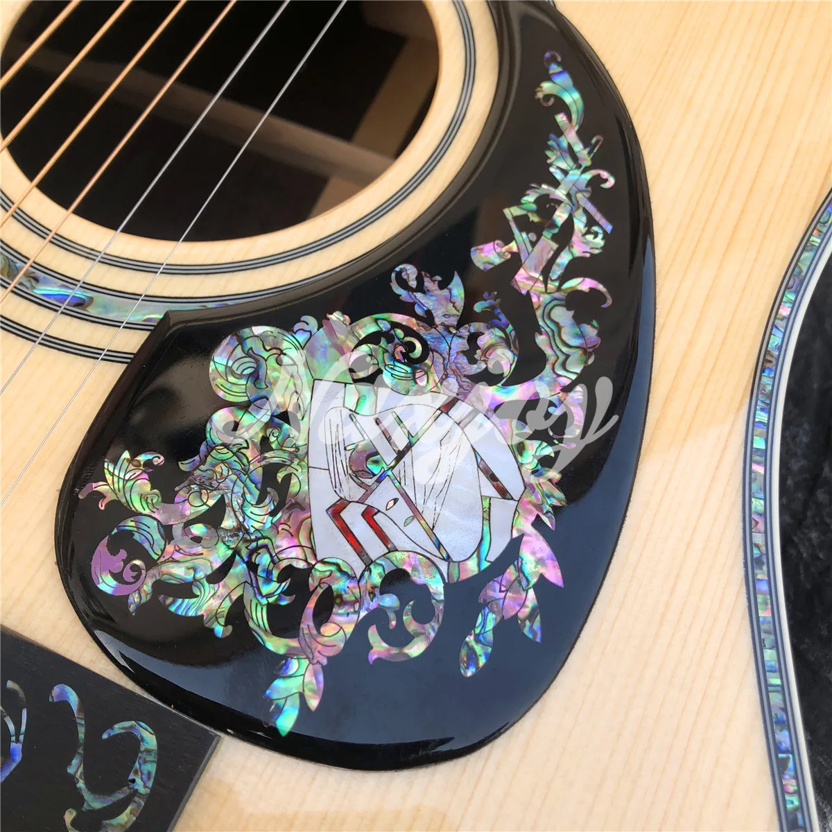 جيتار صوتي من الخشب الصلب مقاس 41 بوصة من خشب التنوب وخشب الورد وأذن البحر وزهور مطعمة من خشب الأبنوس ولوحة أصابع جيتار