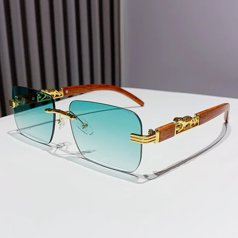 New 3D Metal Leopard Rimless Rectangle Vintage Sunglasses For Men Fashion Brand Tinted Glasses Women Gradient Eyewear UV400