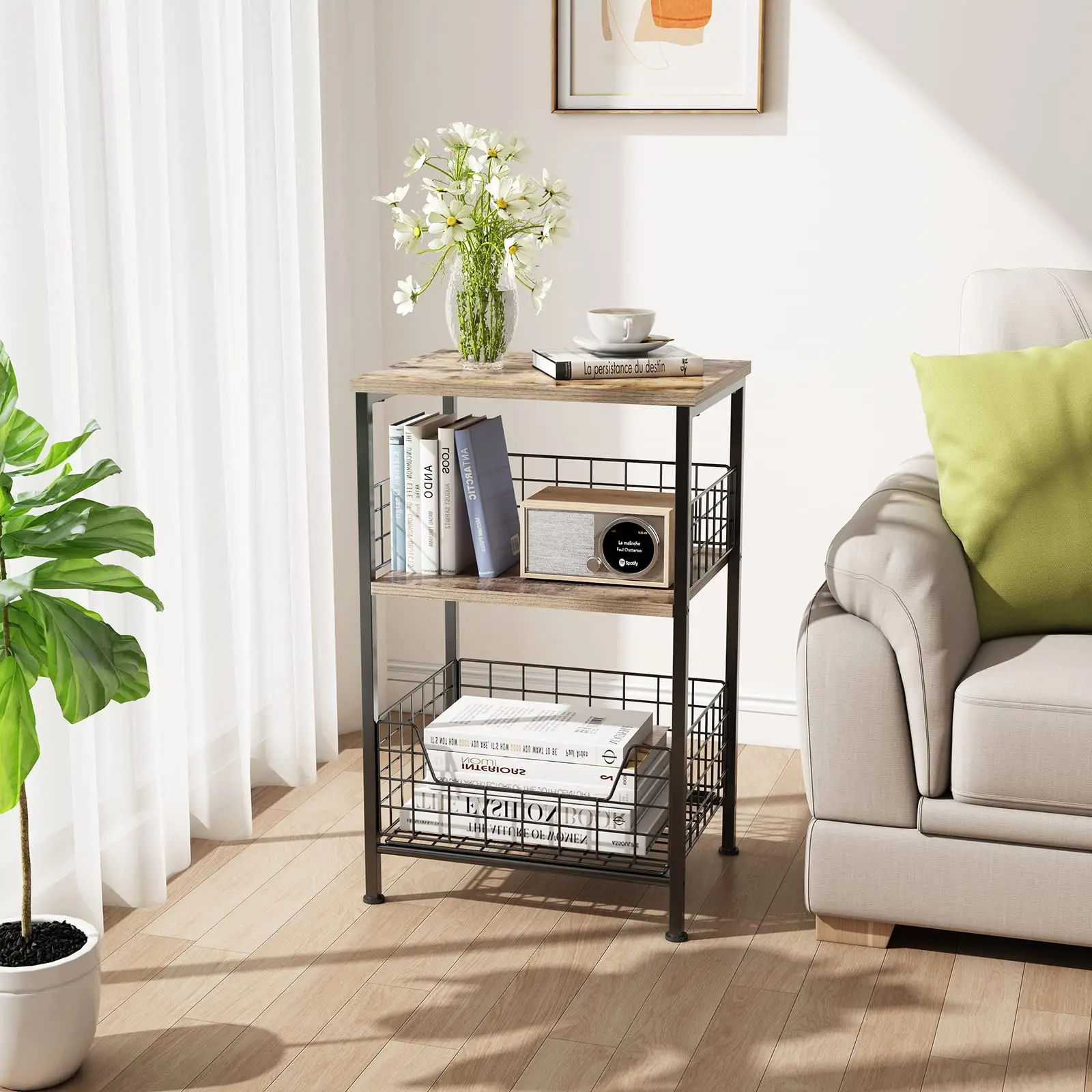 Side Table, Industrial Retro End Table Nightstand Storage Shelf for Living Room Bedroom Kitchen Family and Office