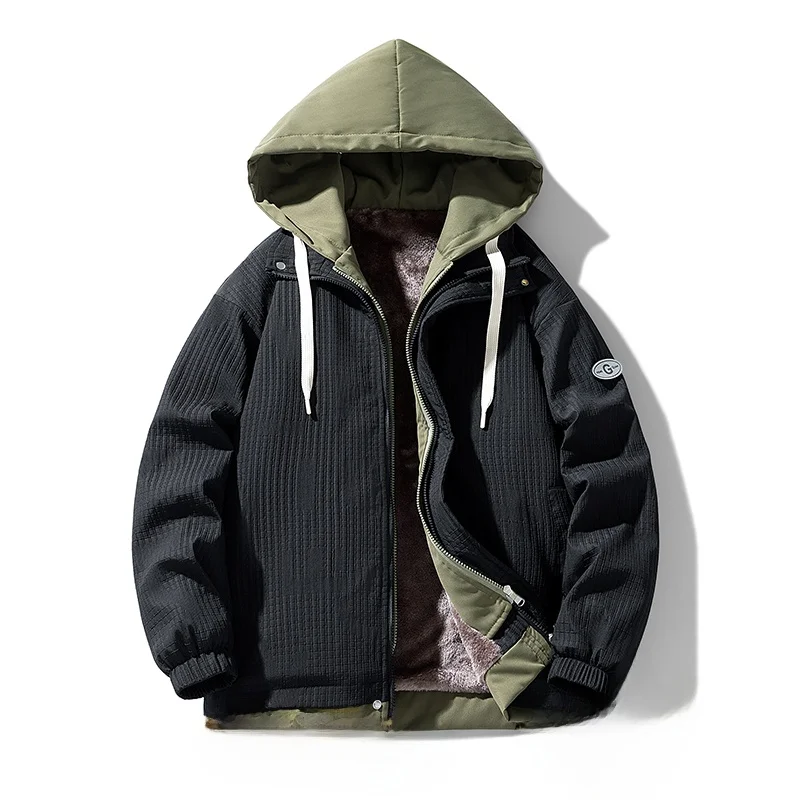 

Men's Winter Thiened Fce Lined Loose Fit Cotton Jaet Couple's Sle Workwear Windbreaker Hooded Fake Two-Piece Coat