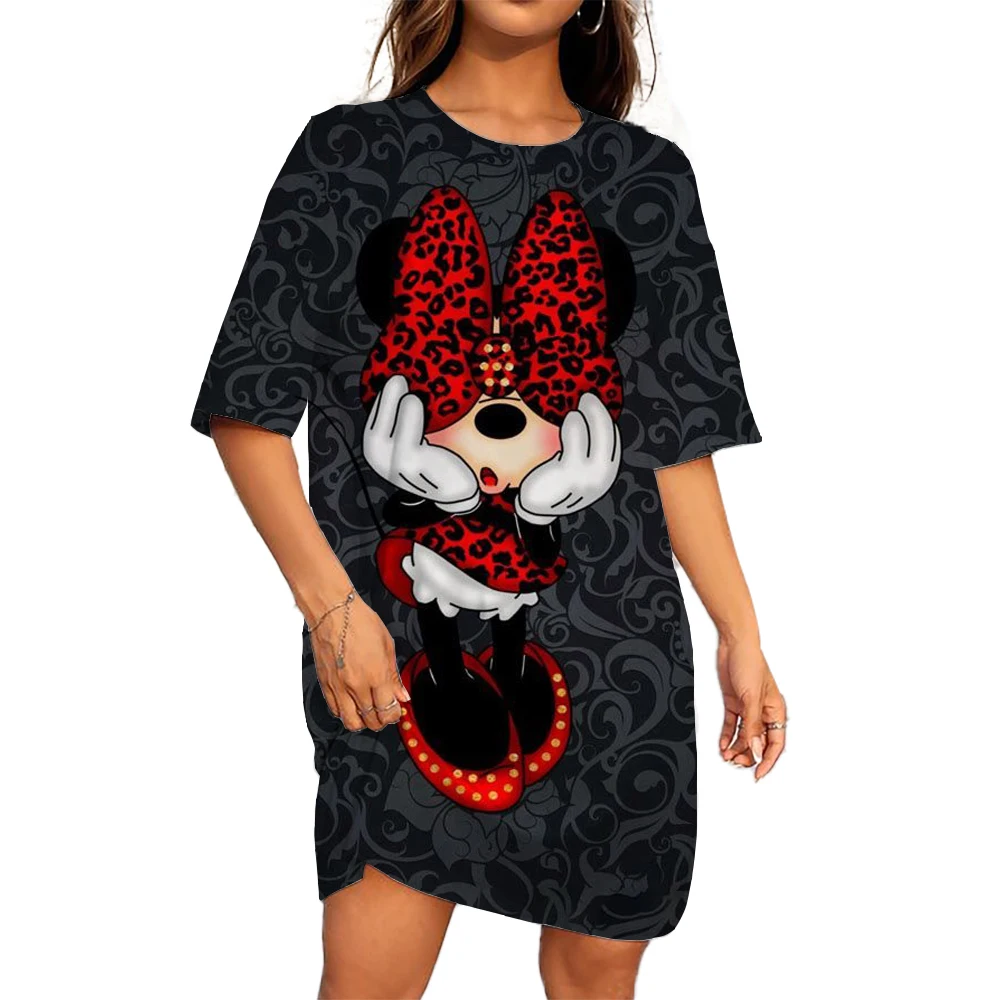 2024 Verão Disney Mickey Mouse Impresso Vestido das Mulheres T-shirt Vestido de Venda Quente Novo Vestido Reto Casual Oversized Vestuário