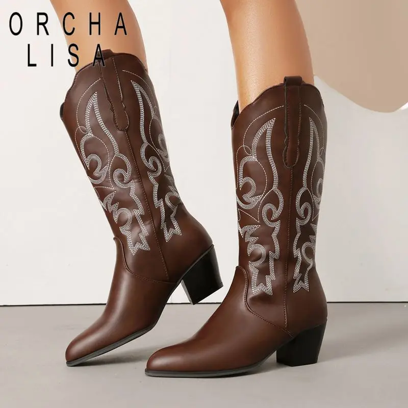 

ORCHA LISA 2025 New Design Women's Western Boots Pointed Toe 5cm Block Heel Slip On Embroider Oversize 47 48 Fashion Dating Bota
